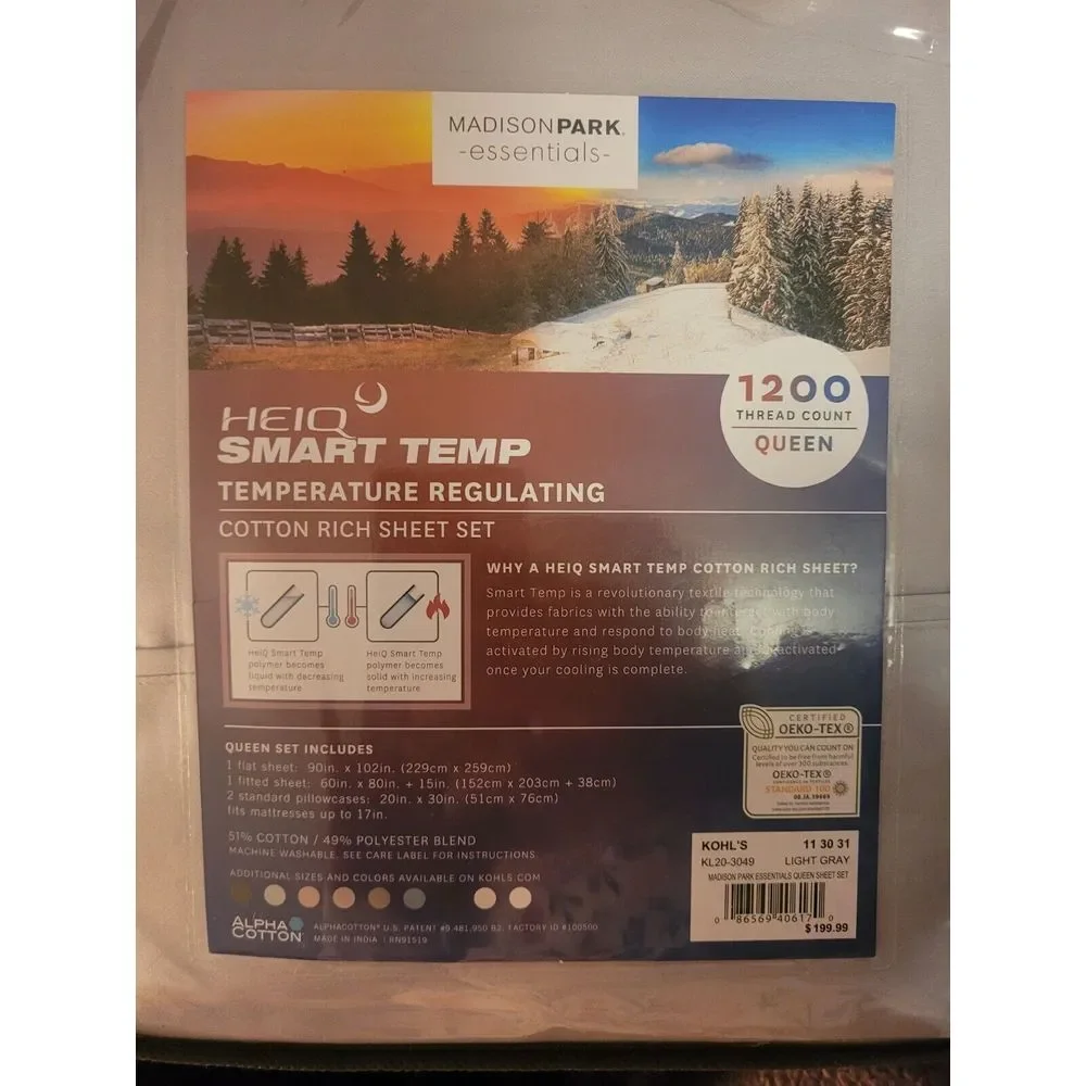 HEIQ Smart Temp Ultimate Performance Alpha Cotton 4 pc‎ QUEEN Set ~  GREY